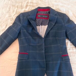 Zara Navy Checkered Blazer with Crimson Details